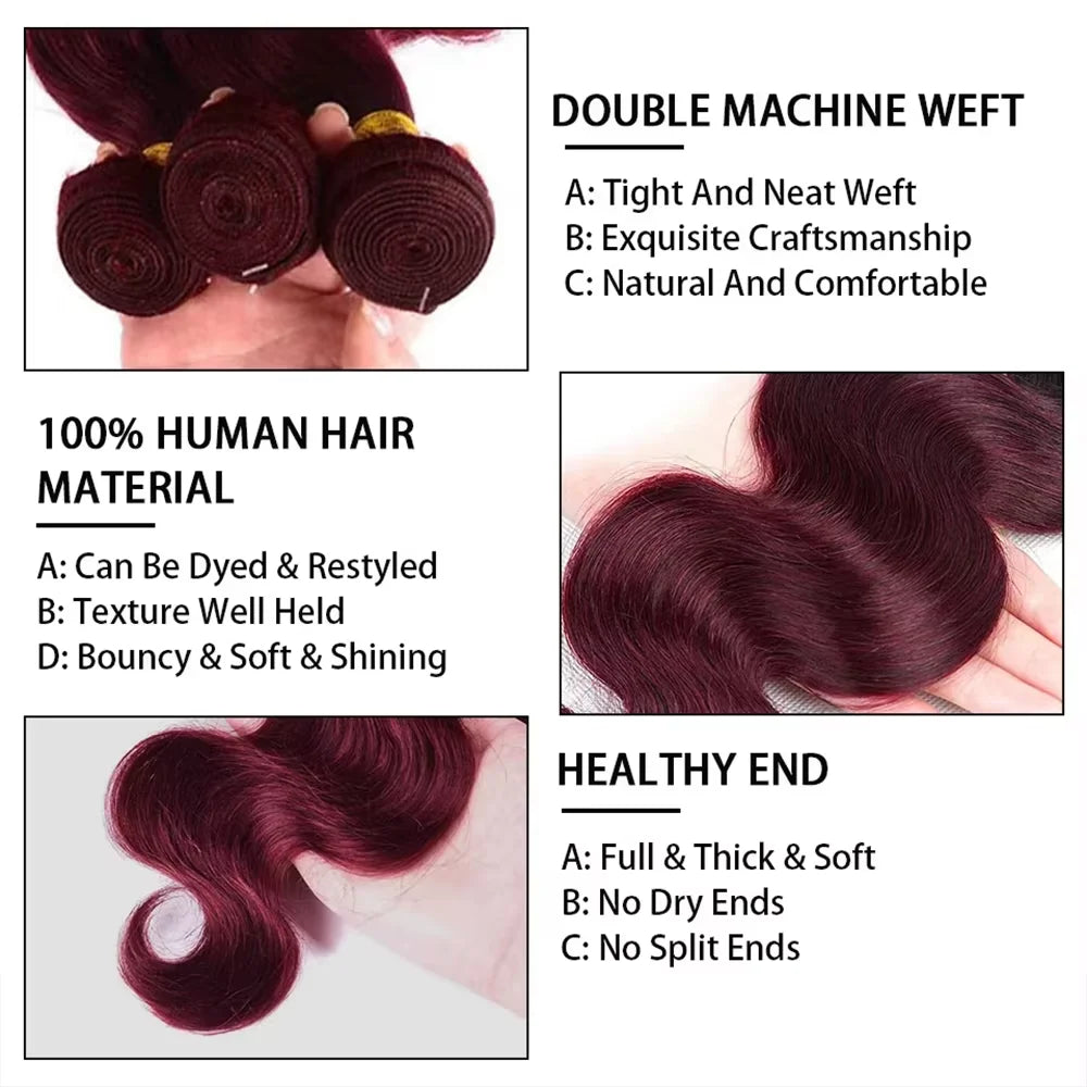 Burgundy Body Wave Bundles Human Hair Colored Wine Red 3 4 Bundles Unprocessed Raw Real Human Hair
