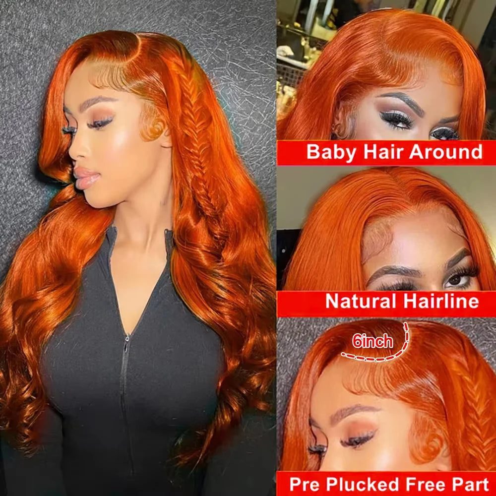 36inch Ginger Orange Lace Front Wigs Human Hair Pre Plucked 200% Density Body Wave
