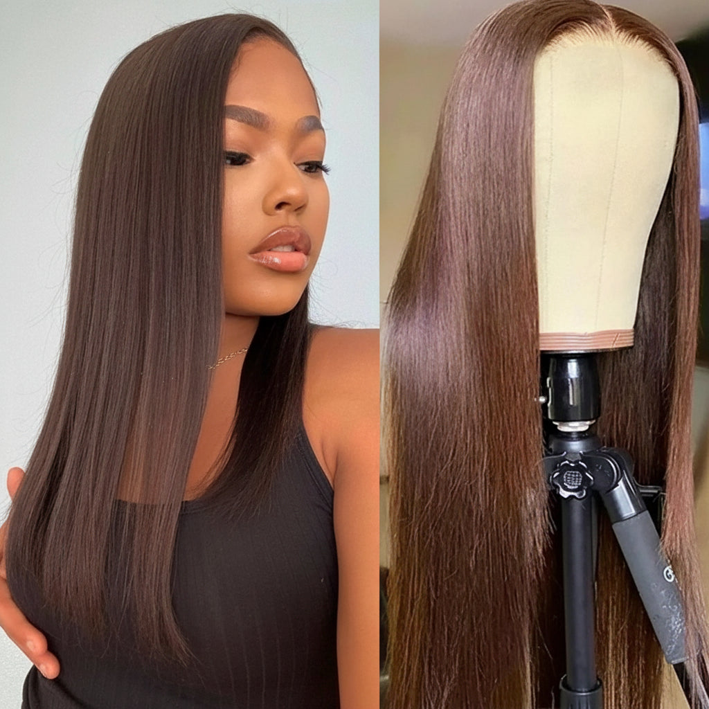 30 Inch Chocolate Brown Bone Straight Lace Front Human Hair Wigs 200 Density Pre Plucked 13x4 Lace Frontal Wig