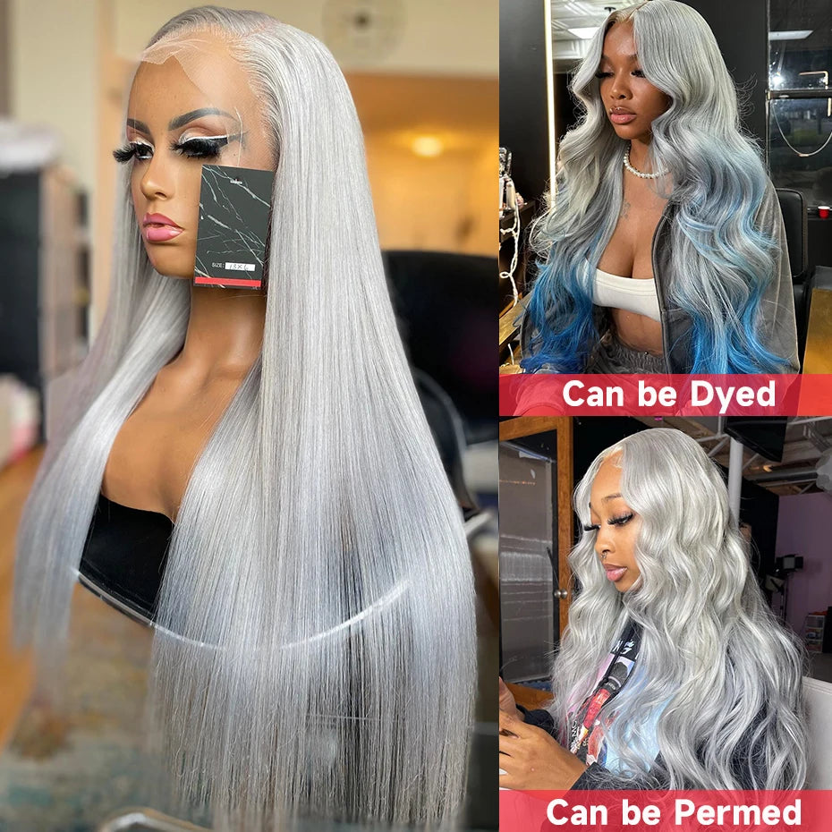13x6 Silver Grey Straight Lace Front Human Hair Wigs Pre Plucked 613