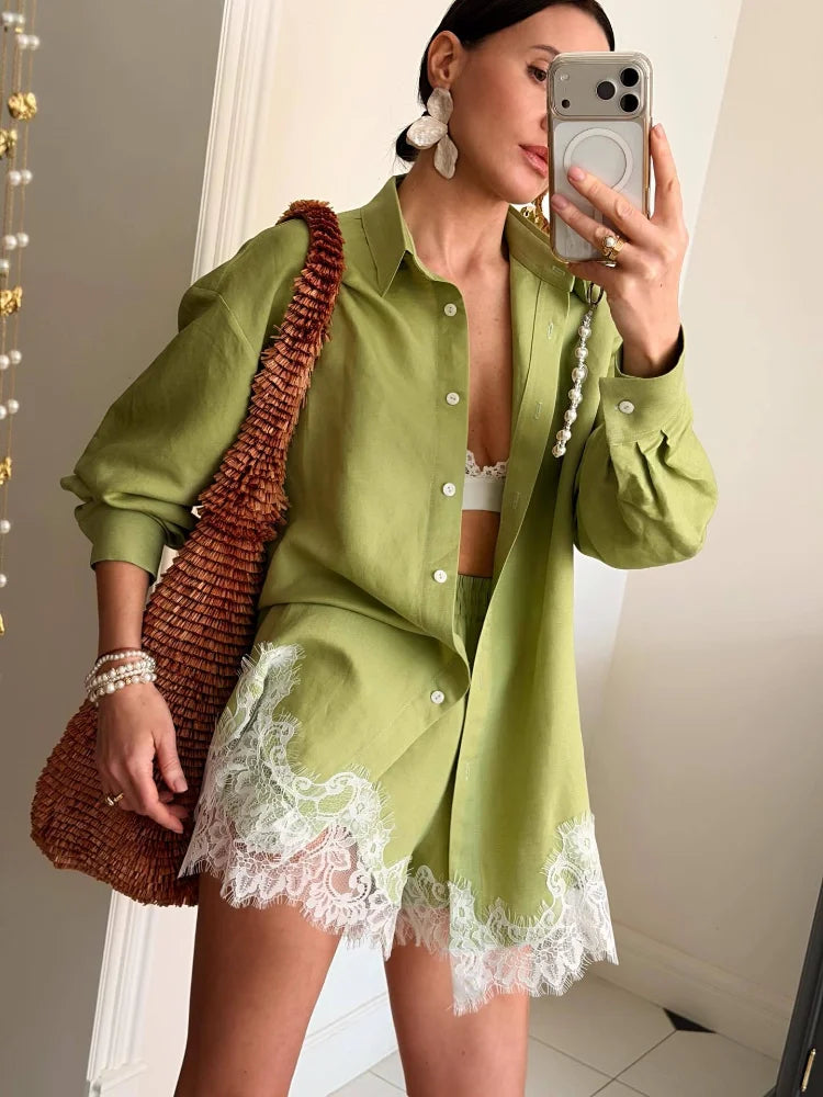 Casual Women's Matching Sets Long Sleeve Shirts Shorts Suit Lace