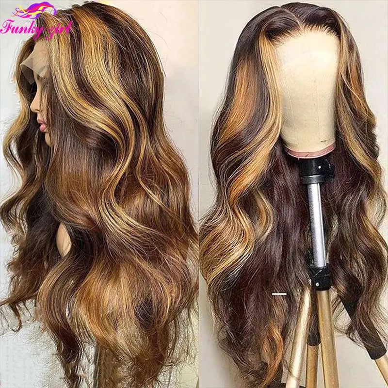 Highlight Body Wave Wig Human Hair Lace Front Wigs 4/27 Honey Blonde Body Wavy Lace Human Hair