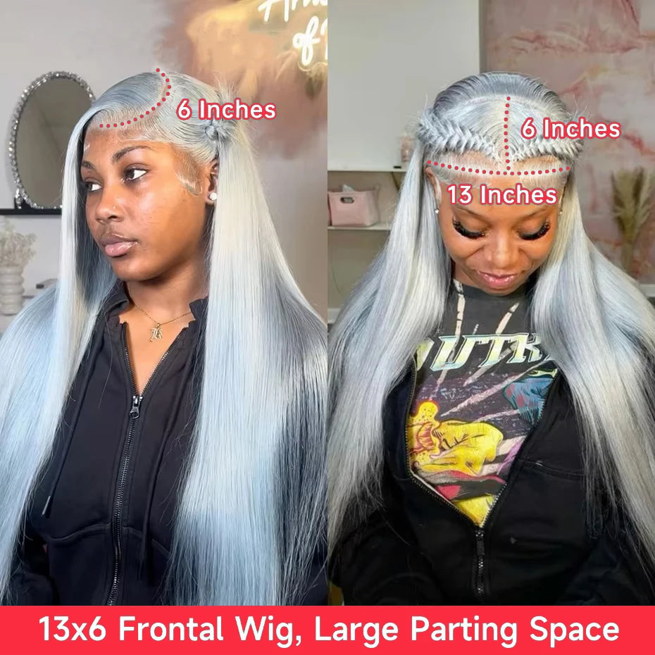 13x6 Silver Grey Straight Lace Front Human Hair Wigs Pre Plucked 613