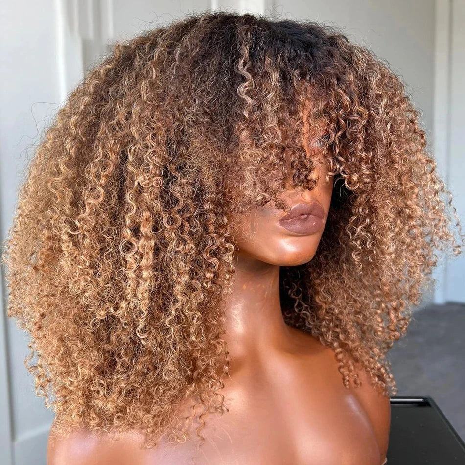 Highlight Brown Afro Kinky Curly Short Bob Human Hair Wigs For Women