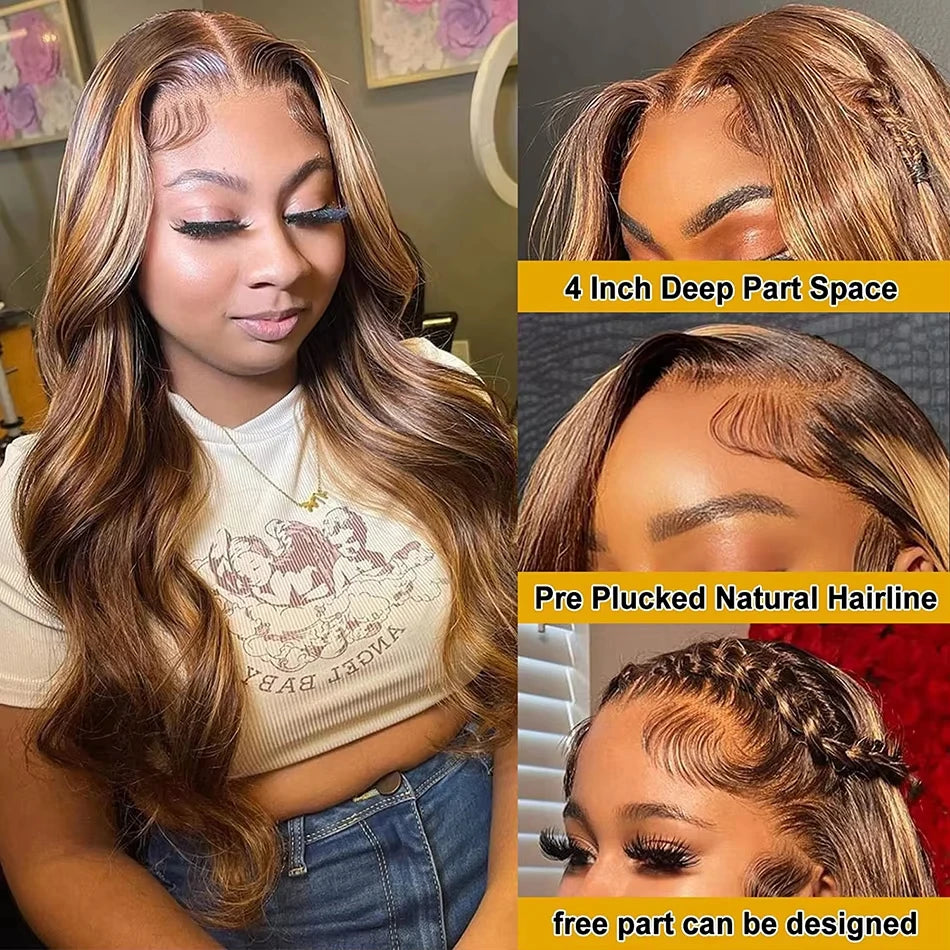 4/27 Highlight Ombre Blonde Body Wave 13x4 Lace Front Wig Brown