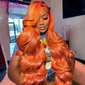 36inch Ginger Orange Lace Front Wigs Human Hair Pre Plucked 200% Density Body Wave