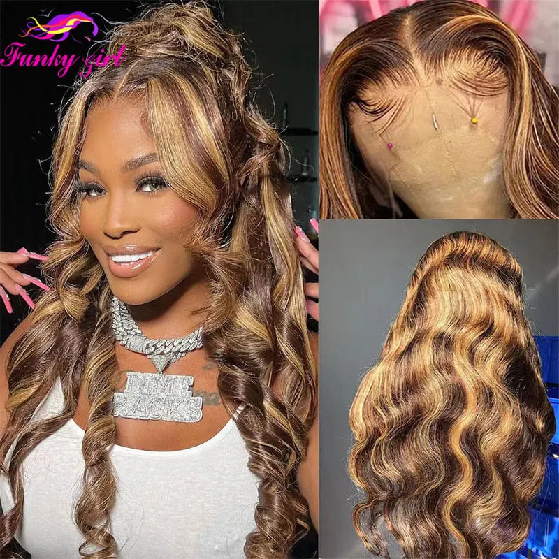 Highlight Body Wave Wig Human Hair Lace Front Wigs 4/27 Honey Blonde Body Wavy Lace Human Hair