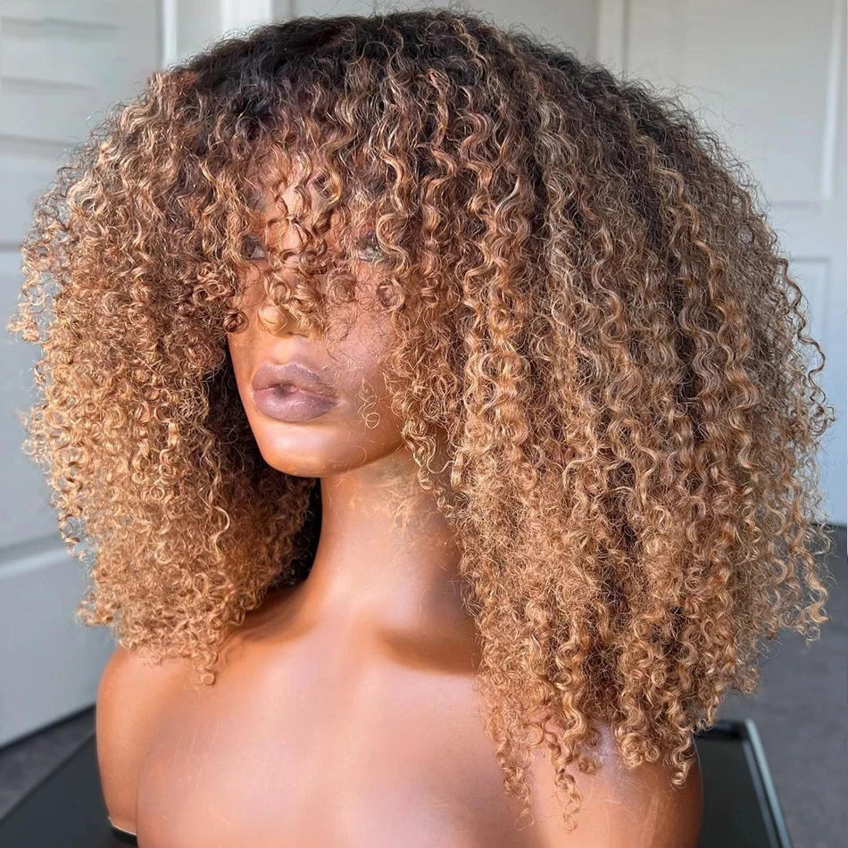 Highlight Brown Afro Kinky Curly Short Bob Human Hair Wigs For Women