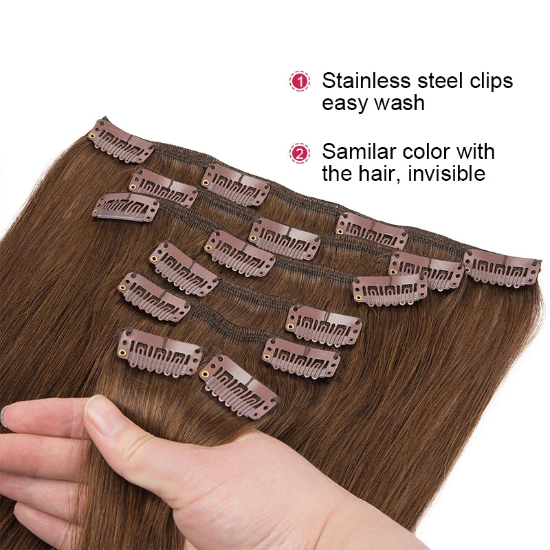 Clips In Human Hair Extensions 100% Real Human Hair Weft 7Pcs Clip in Natural hair