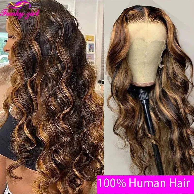 Highlight Body Wave Wig Human Hair Lace Front Wigs 4/27 Honey Blonde Body Wavy Lace Human Hair