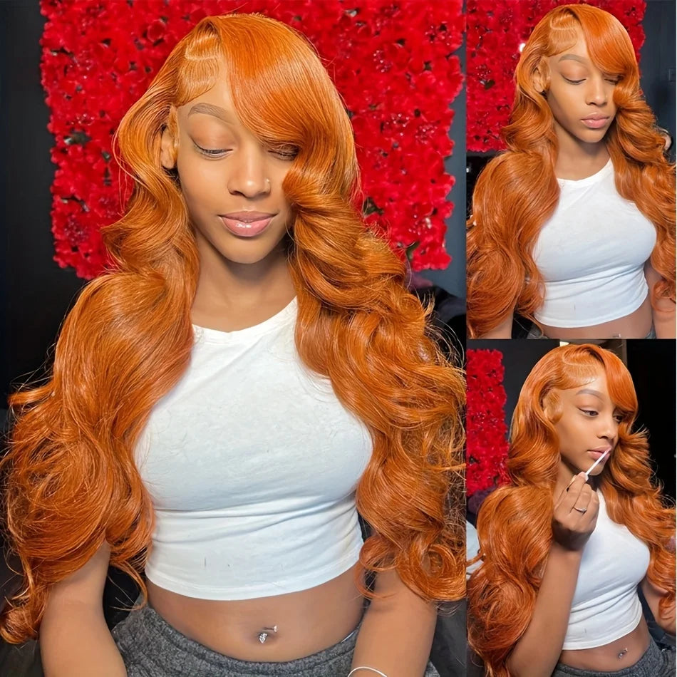 36inch Ginger Orange Lace Front Wigs Human Hair Pre Plucked 200% Density Body Wave