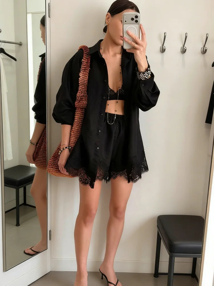 Casual Women's Matching Sets Long Sleeve Shirts Shorts Suit Lace