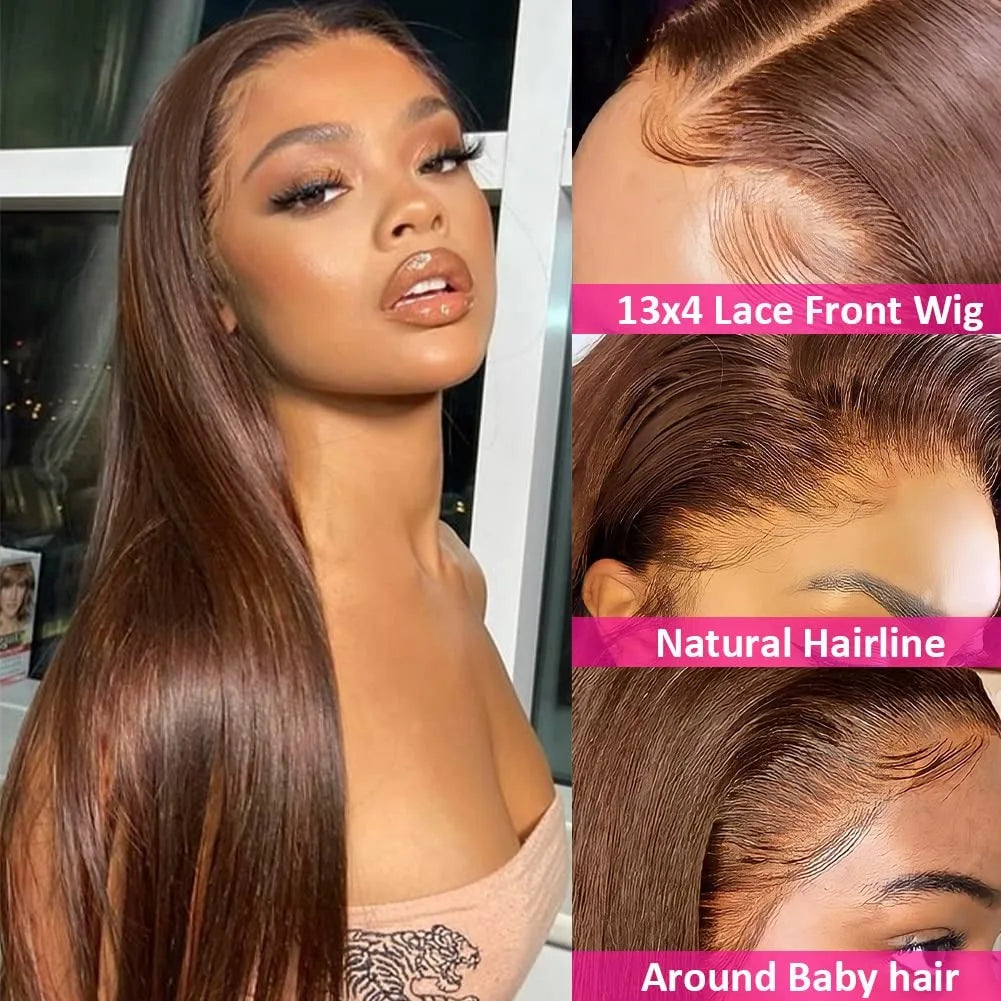 30 Inch Chocolate Brown Bone Straight Lace Front Human Hair Wigs 200 Density Pre Plucked 13x4 Lace Frontal Wig