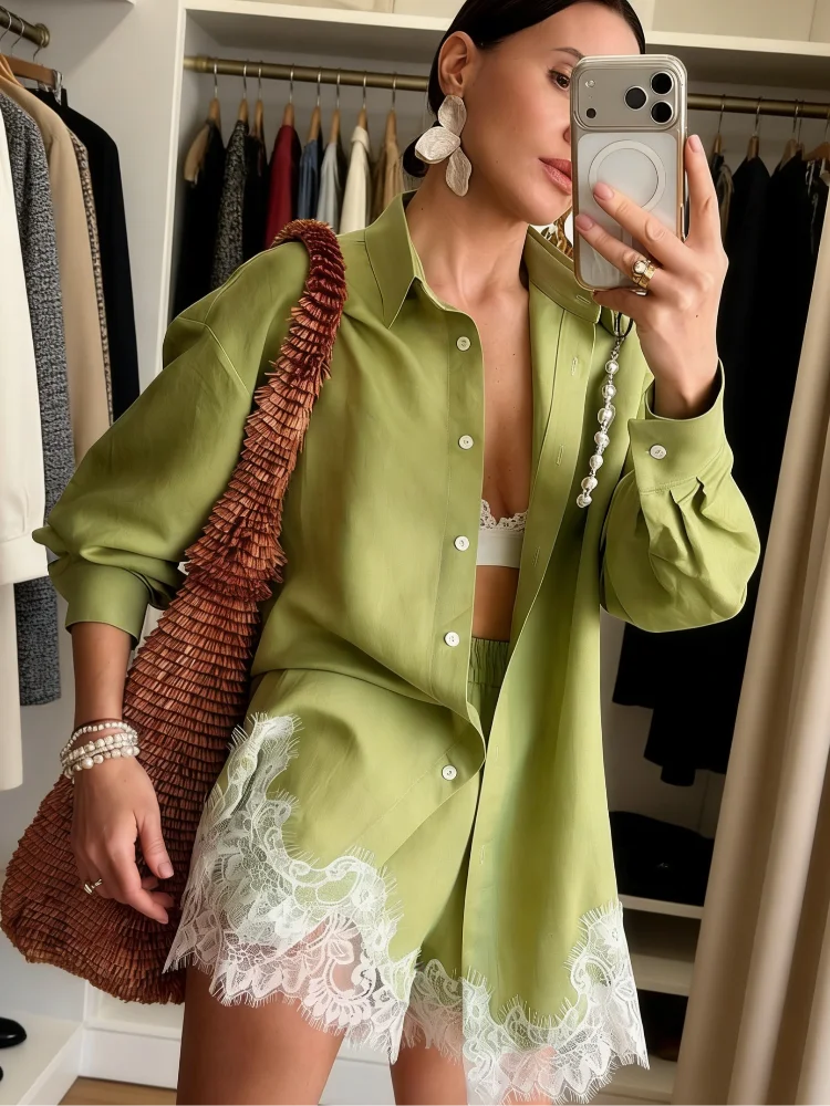 Casual Women's Matching Sets Long Sleeve Shirts Shorts Suit Lace