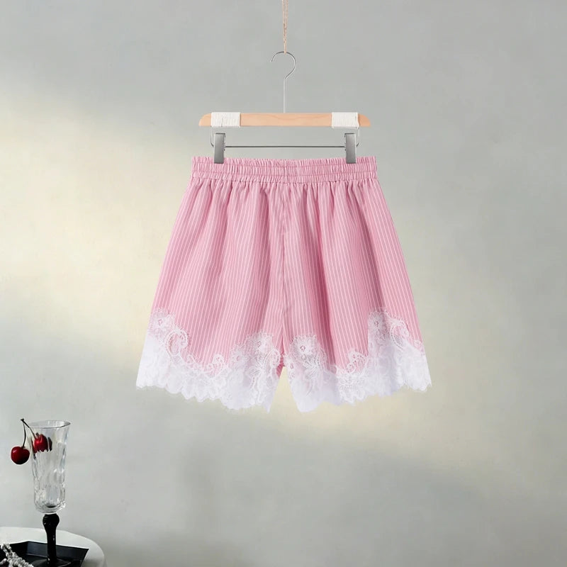 Casual Women's Matching Sets Long Sleeve Shirts Shorts Suit Lace
