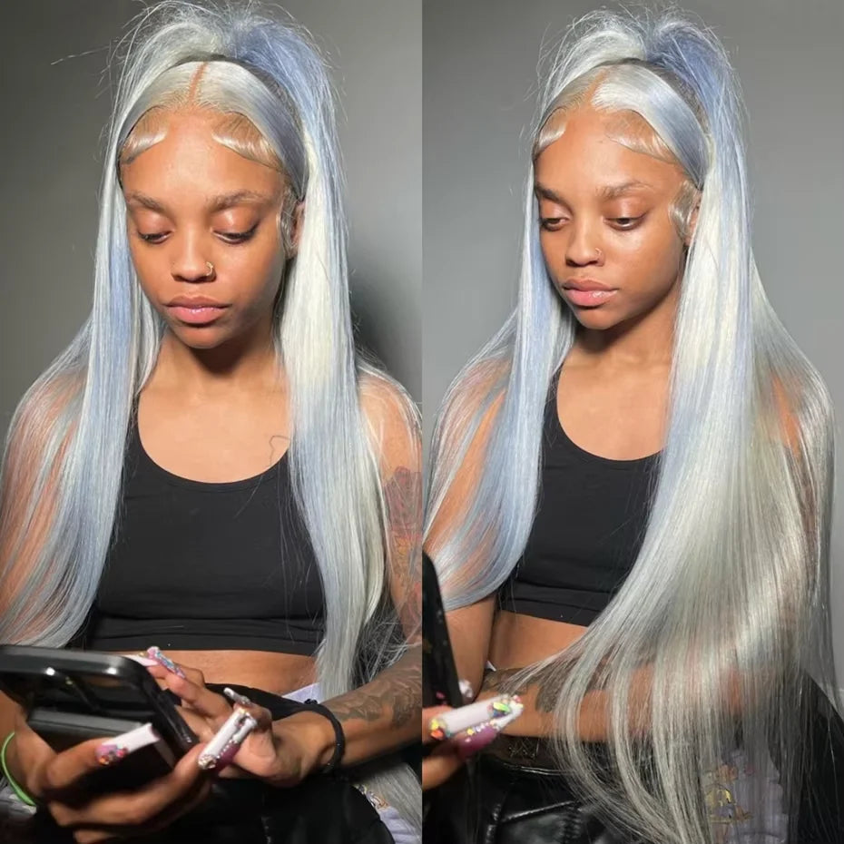 13x6 Silver Grey Straight Lace Front Human Hair Wigs Pre Plucked 613