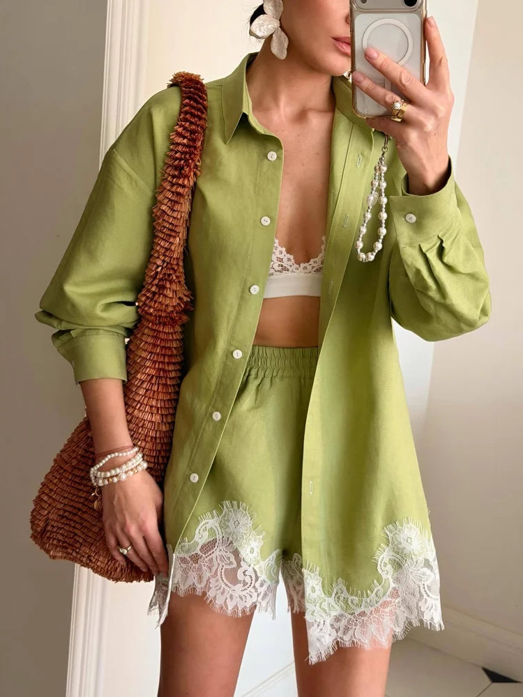 Casual Women's Matching Sets Long Sleeve Shirts Shorts Suit Lace