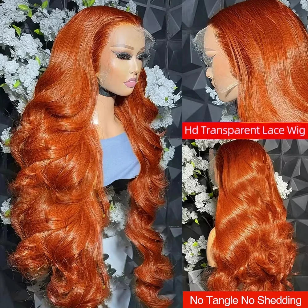 36inch Ginger Orange Lace Front Wigs Human Hair Pre Plucked 200% Density Body Wave