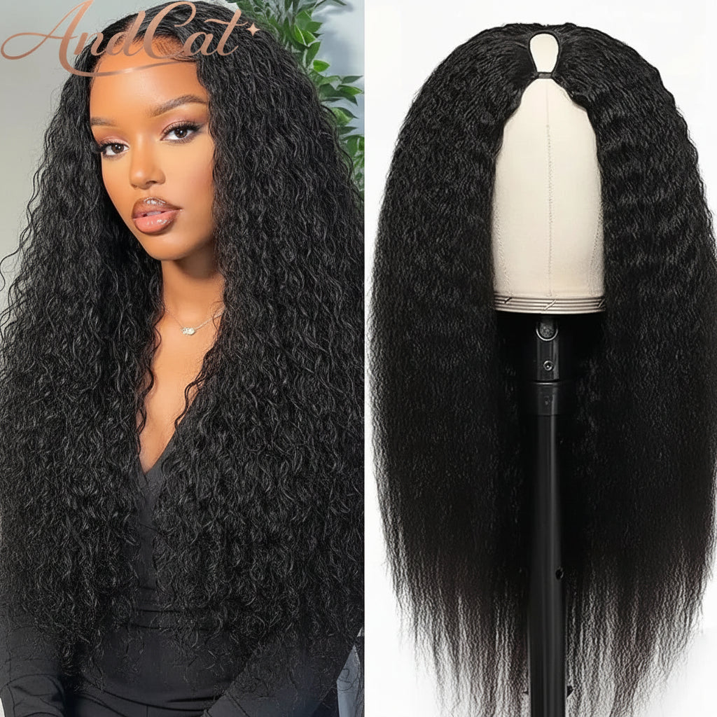 16-36Inch Kinky Straight V Part Wig Glueless Wig Human Hair