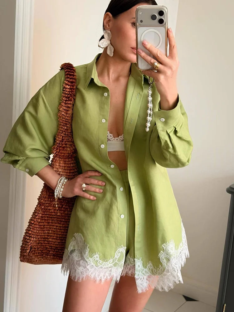 Casual Women's Matching Sets Long Sleeve Shirts Shorts Suit Lace