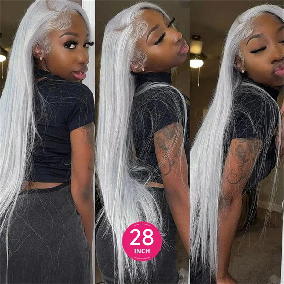 13x6 Silver Grey Straight Lace Front Human Hair Wigs Pre Plucked 613