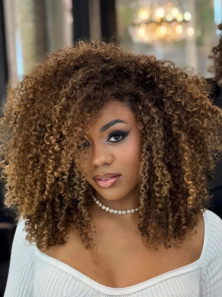 Highlight Brown Afro Kinky Curly Short Bob Human Hair Wigs For Women