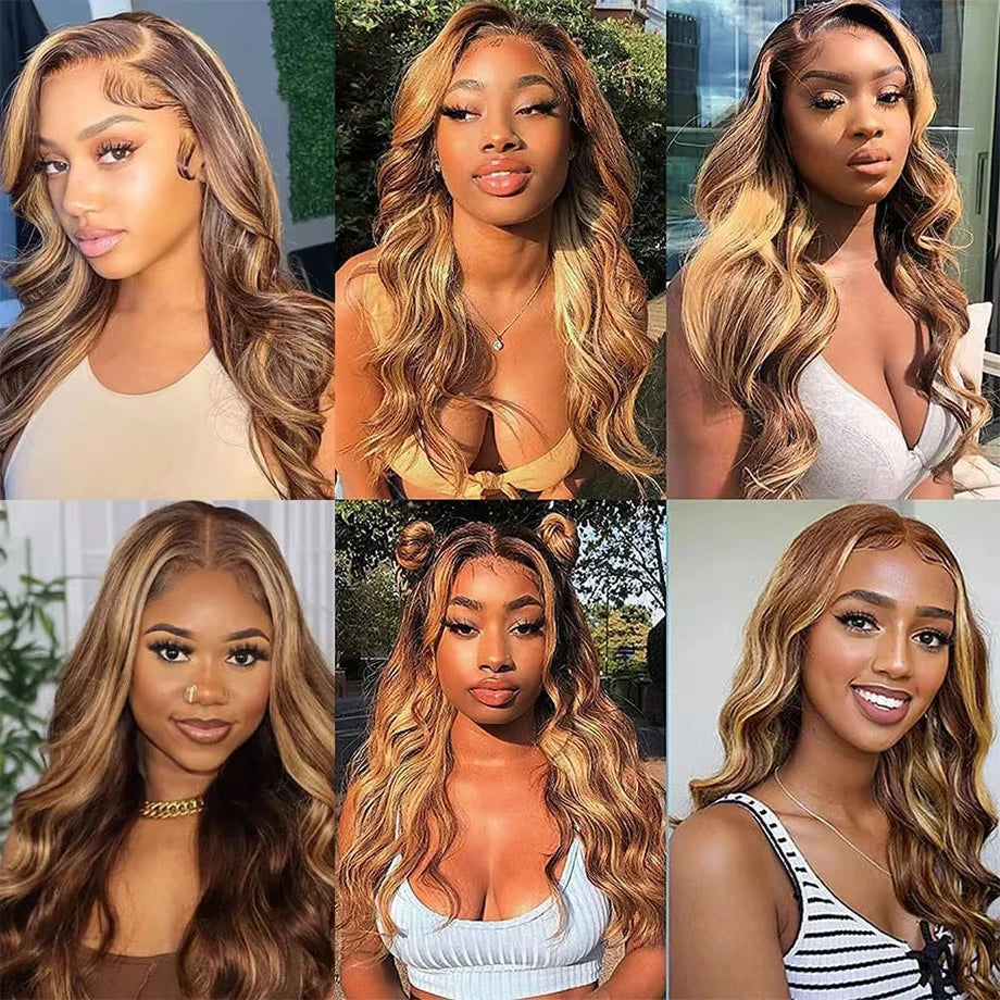 4/27 Highlight Ombre Blonde Body Wave 13x4 Lace Front Wig Brown