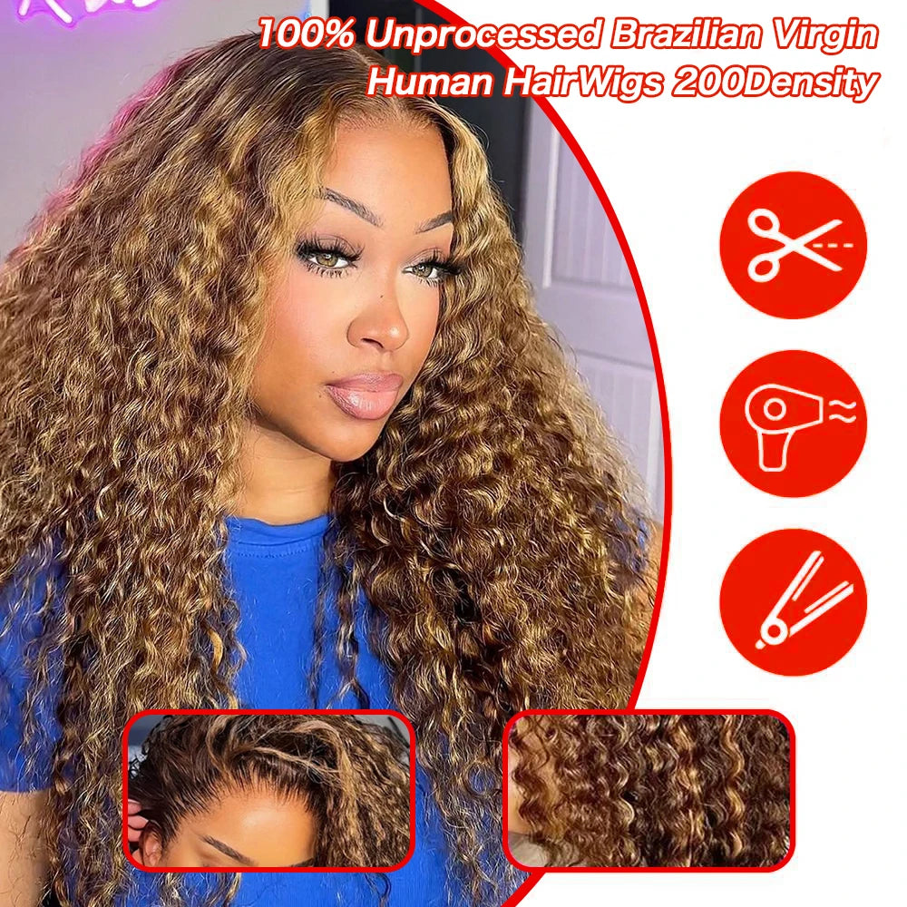Curly Highlight Wig Human Hair 13x6 Hd Lace Frontal Wig 6x4 Glueless Wigs