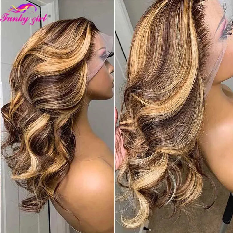 Highlight Body Wave Wig Human Hair Lace Front Wigs 4/27 Honey Blonde Body Wavy Lace Human Hair