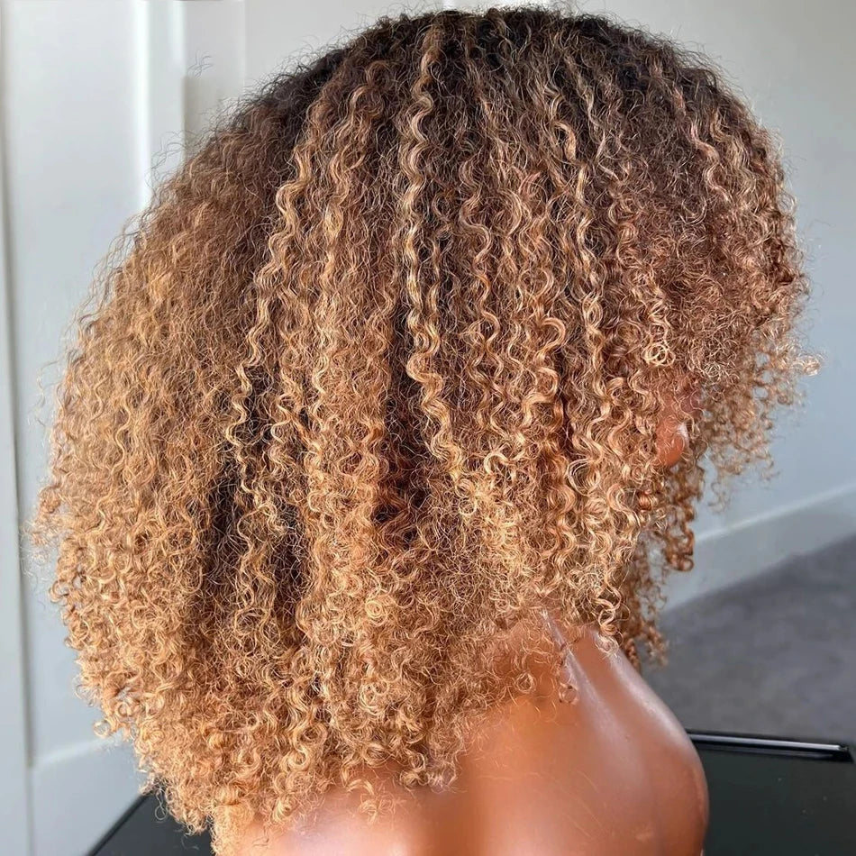 Highlight Brown Afro Kinky Curly Short Bob Human Hair Wigs For Women