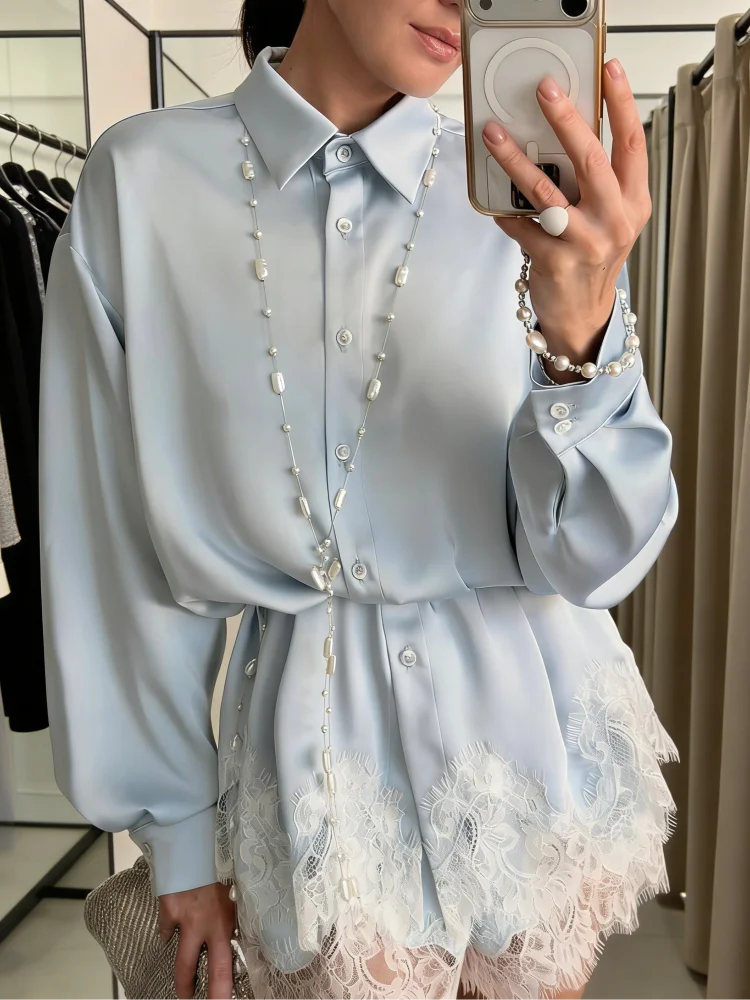 Casual Women's Matching Sets Long Sleeve Shirts Shorts Suit Lace
