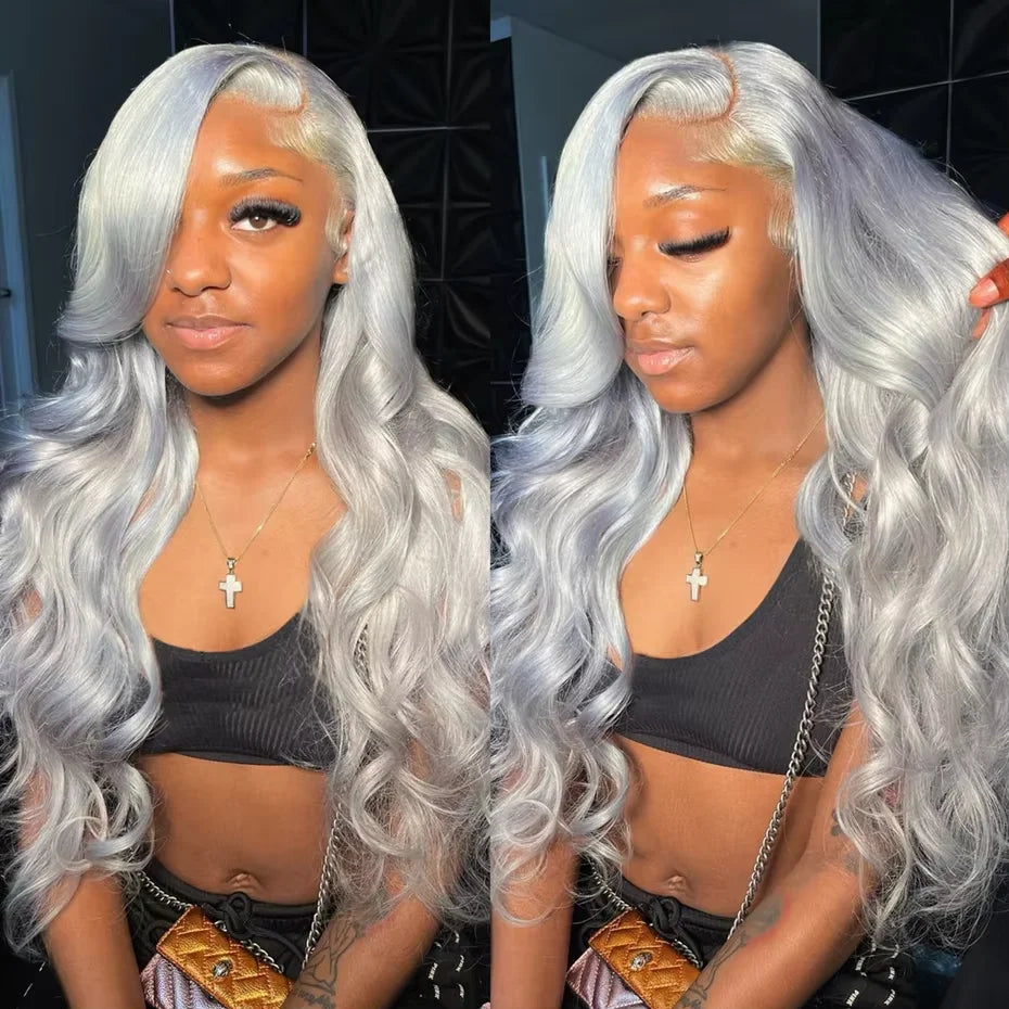 13x6 Silver Grey Straight Lace Front Human Hair Wigs Pre Plucked 613