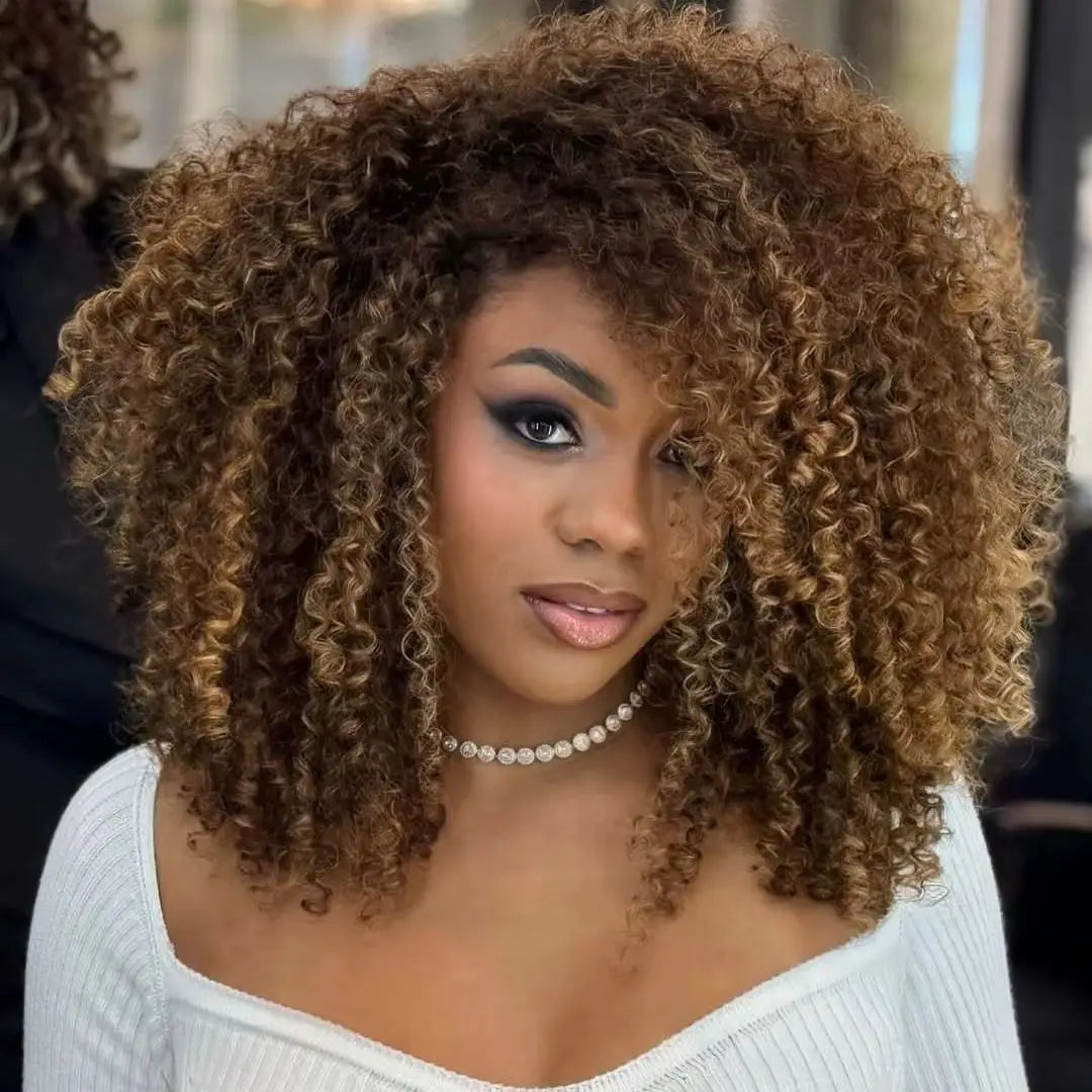 Highlight Brown Afro Kinky Curly Short Bob Human Hair Wigs For Women